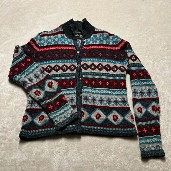 Vintage Wool Blend Cardigan Asweater Nordic Fair Isle Blue Women’s Medium - Picture 2 of 9